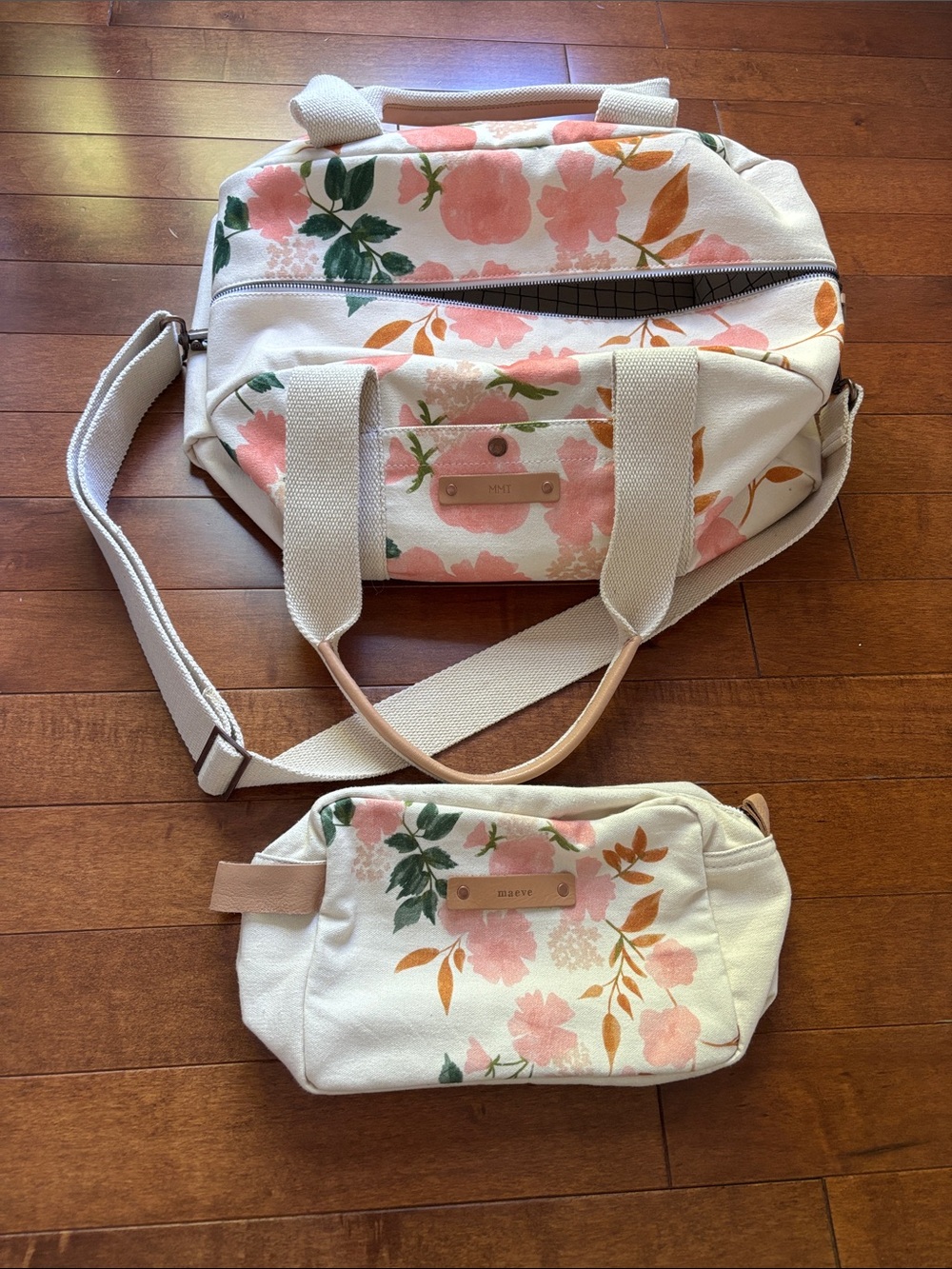 Minted Floral Canvas Weekender Bag and Cosmetic Pouch - Pink Floral on Cream